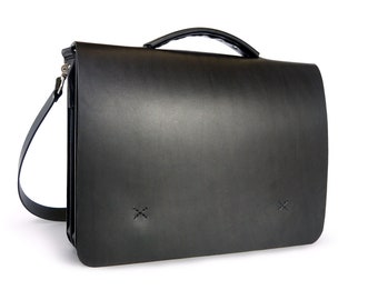 Large Handmade Messenger Bag, Full-Grain Leather, Minimal Laptop Bag, Black - Clean, minimalist men's bag