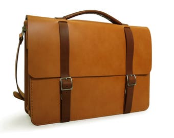 16" Two-Tone Messenger Bag - Two compartments, English Tan with Medium Brown