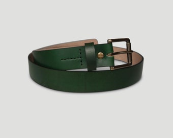 Mens Handmade Moss Green Leather Belt , Full Grain Vegetable Tanned Leather 1.25" Width