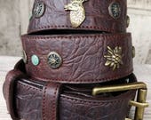 Brown Crocodile Print Leather Belt with Brass Stags, Buckle and Ornament Studs