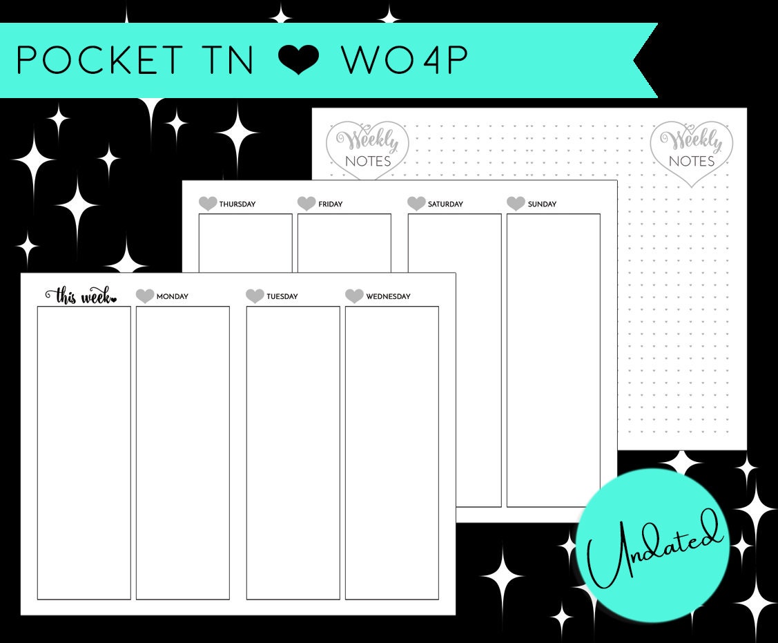 Pocket TN Undated Vertical WO4P PRINTABLE Planner Inserts Etsy