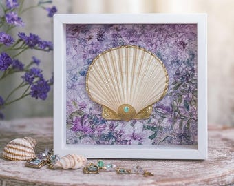 Scallop Shell Shadow Box 8x8 | Gold Trim Coastal Cottage Wall Art, White Frame Seashell Decor |  Purple Deco