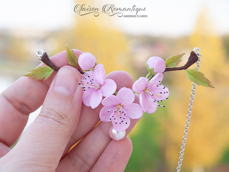 Necklace Sakura Cherry Blossom Peach Polymer Clay Flowers Etsy