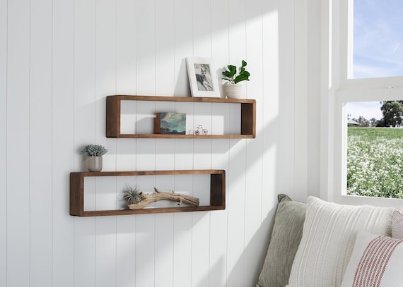 Set of 2 Long Box Shelves stackable Made From Solid Wood 