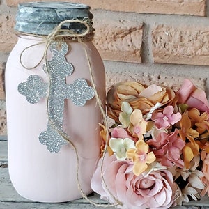 Baptism Centerpiece / Baptism Cross / Rustic Baby Boy Girl / Cross Centerpiece / Rustic Mason Jar Baptism Decor /  Christening