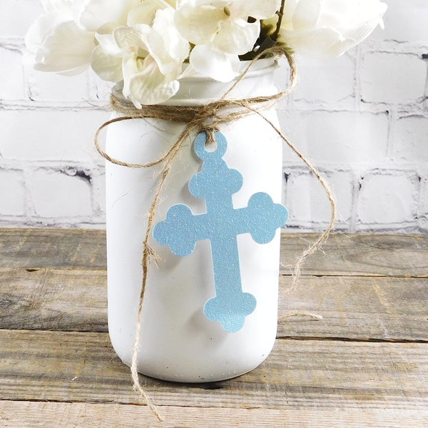 Baby Boy Baptism Decorations / Rustic Christening Cross Centerpiece Decor / Rustic Mason Jar Baptism Decor / Baby Decorations