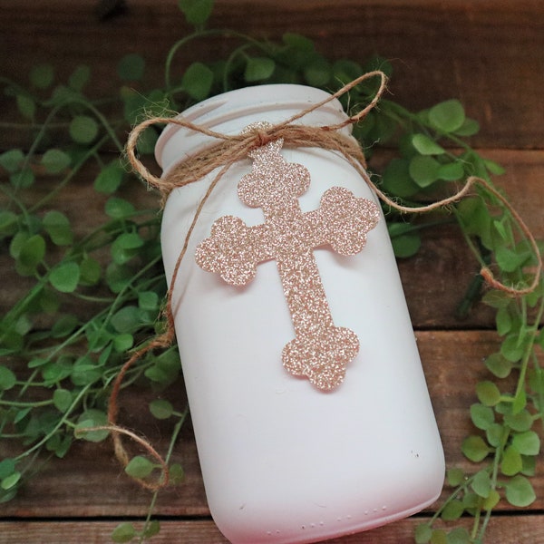 Baptism Centerpiece Cross / Christening Decor / Rustic Mason Jar Baptism Decor / Glitter Girl Baby Decorations