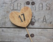 rustic heart table numbers on a stick . table number wedding centerpieces . heart table numbers .  woodland wedding numbers