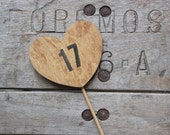 rustic heart table numbers on a stick . table number wedding centerpieces . heart table numbers .  woodland wedding numbers