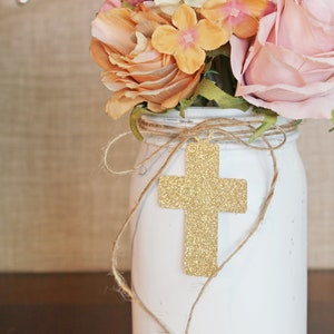 Christening Decorations / Girl Baptism Decor / Rustic Baby Girl Cross Centerpiece / Rustic Mason Jar Baptism Decor