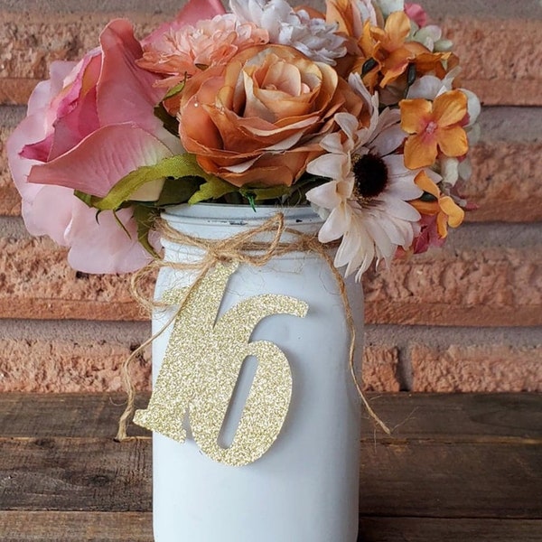 Sweet 16 Birthday Decorations / Number 16 Mason Jar Centerpiece / 16 Decor / Sixteen Birthday Decorations