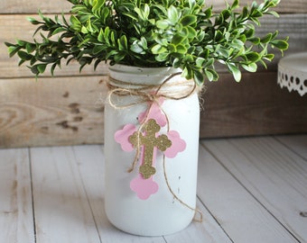 Baptism Decorations Girl / Rustic Christening Cross Baby Girl  Centerpiece  / Mason Jar Pink and Gold Glitter Baptism Decorations