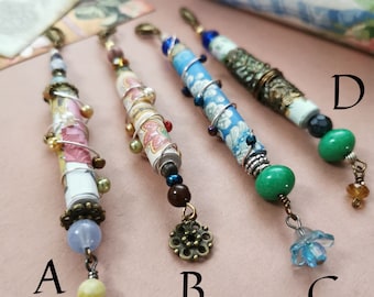 Boho style journal charms planner charms dangles. Hand made by Kathryn of Crafternoon Treats using printed paper gemstones and other beads