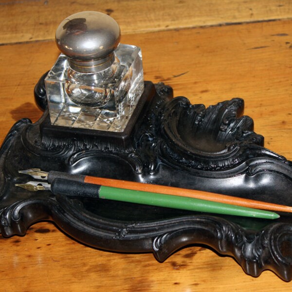 1920s Glass Inkwell with Silver Lid & 1930s German-Austrian Wooden Inkwell Stand