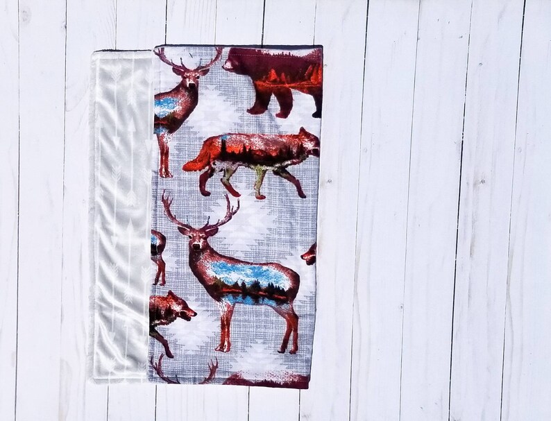 Baby Minky Lovey or Car Seat Blanket Wild Wolf Deer and Bear Minky Baby Blanket for Rustic Woodland Nursery Embroidered Crib Blanket