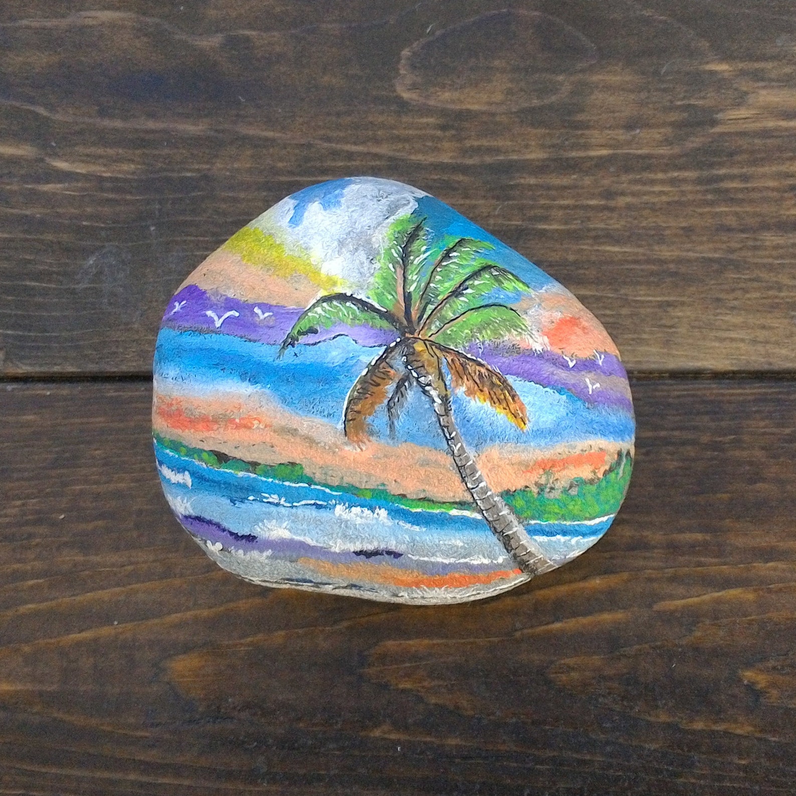 Hand Painted Rock Beach Landscape Palm Tree Ocean Sunset | Etsy