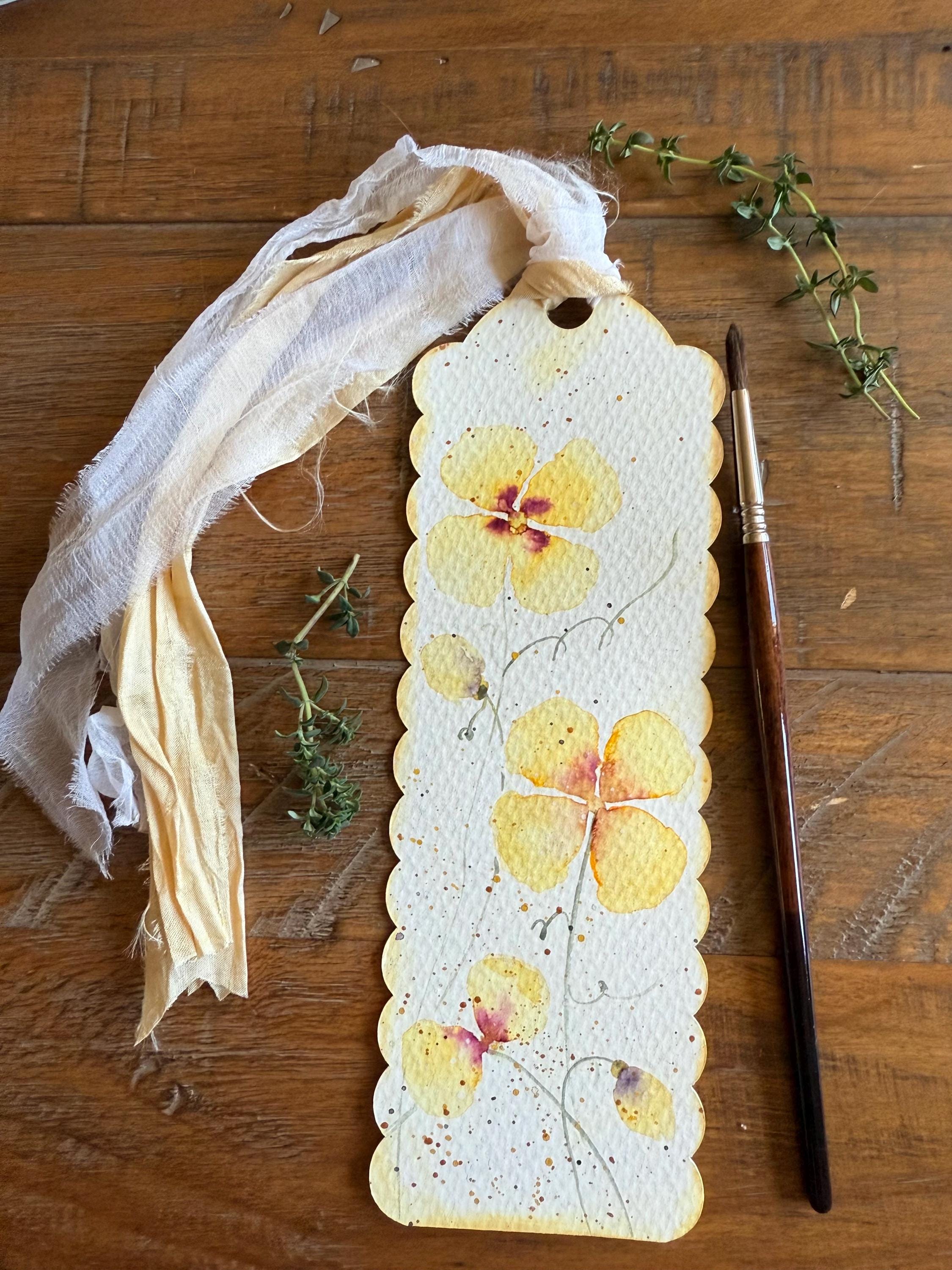 Floral Watercolor Bookmark Yellow Flowers, Sari Silk Tassel Hand Painted Original