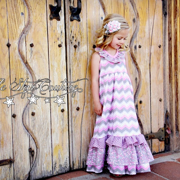 Summer Pink and Grey Ruffle Maxi Chevron Dress 2T-5T