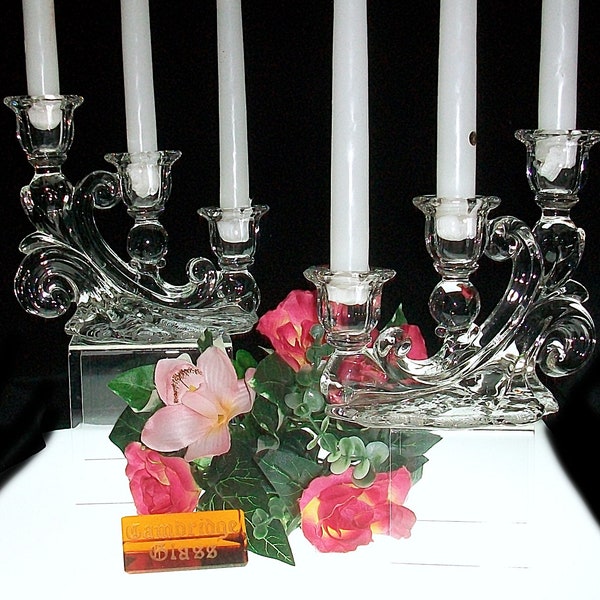 Pair Of Matching Cambridge Tiered 3~Light Candlesticks With Rose Point Etching