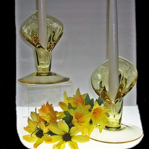 Pair Of Vintage Cambridge Calla Lily Candlesticks ~ Mandarin Gold