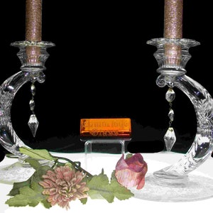 Pair Of Cambridge Martha Single Candlesticks With Rose Point Etching ~ Shipping & Insurance