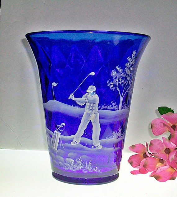 Large Fenton Cobalt Flip Vase With Mary Gregory Style Etsy