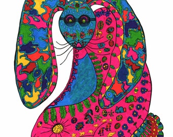 ウサギの塗り絵ページ、ダウンロード、JPG、「チェスター」の白黒インクのオリジナル絵、8-1/2" x 11" プリントアウト