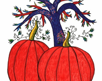 Fall Pumpkins Coloring Book Page, JPG Download, 8-1/2 x 11 Prints Out, Pumpkins And Tree, For Children And Adults