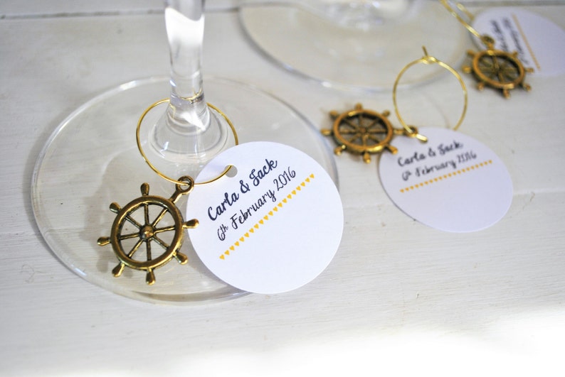 10 Personalised Wedding Name Cards with Nortical Golden Charms