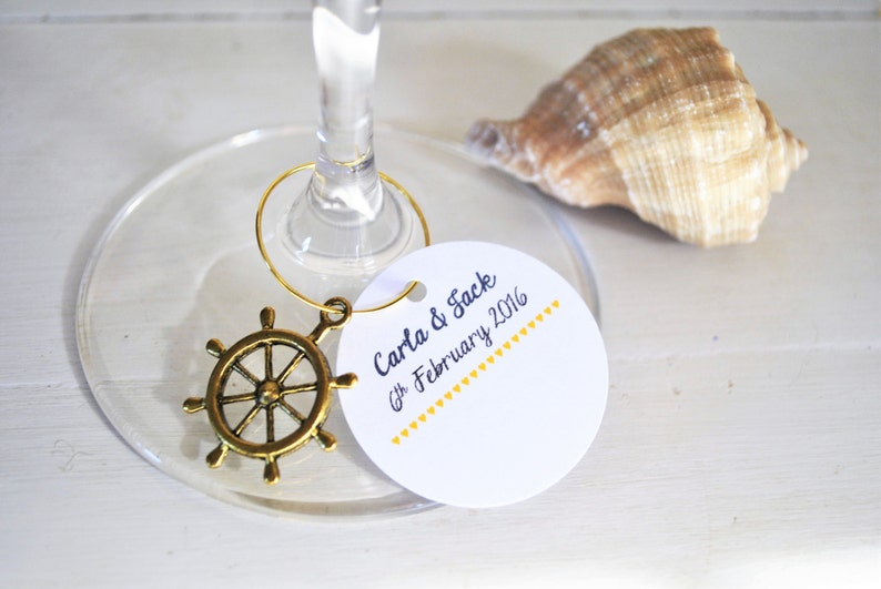 10 Personalised Wedding Name Cards with Nortical Golden Charms
