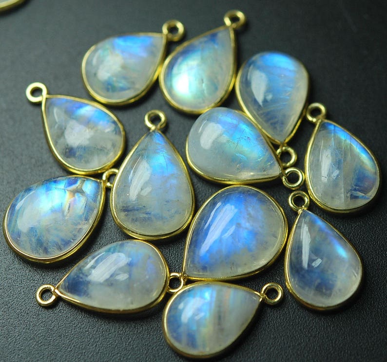 925 Vermeil Sterling Silver,RAINBOW MOONSTONE Smooth Pear Shape Pendant,10 Piece of 18-19mm approx