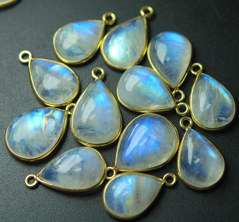 925 Vermeil Sterling Silver,RAINBOW MOONSTONE Smooth Pear Shape Pendant,10 Piece of 18-19mm approx