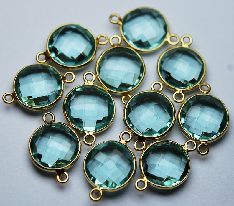 925 Sterling Vermeil Silver,Light Sky Blue Quartz Faceted Coins Shape Pendant Connector,10 Piece of 19mm approx