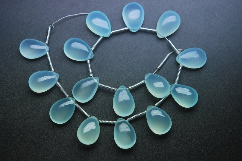 5 Matched Pair AAA Quality Aqua Chalcedony Smooth Pear Shape Briolettes,8x12mm