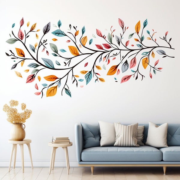 Stylized Tree Wall Sticker with Colorful Leaves - Modern and Artistic Vinyl Decal for Room Decor - Elegant  Floral Branch Wall Art Decor