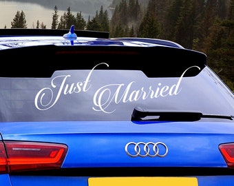 Just Married Car Vinyl Wedding Sticker - Window Glass Gift Decor Stick Quote Vehicle Decal - Couple Bridal Removable White Sign Mural