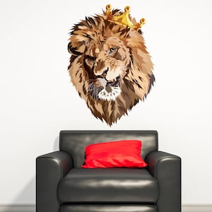 Lion King With Crown Vinyl Wall Sticker - Funny Lions Head Cut Seal Art Decal - Fun Silhouette Theme Wildlife Decoration Decor Print