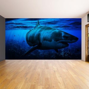 Carta da parati decalcomania artistica Ocean Shark - Adesivo da parete rimovibile con decorazione 3D subacquea - Grande murale per la camera dei ragazzi con foto di acqua blu