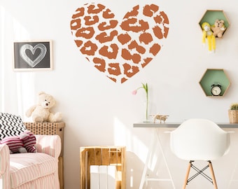Leopard Heart Wall  Sticker - Art Print Texas Vinyl Decal - Room Love Decor Pink Stickers - Jaguar Wild Skin Removable Bedroom Large Decals