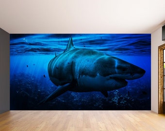 Ocean Shark Wallpaper Art Decal - Underwater 3d Decor Wall Paper Removable Sticker - Large Blue Water Photo Sea Boy Room Covering Mural