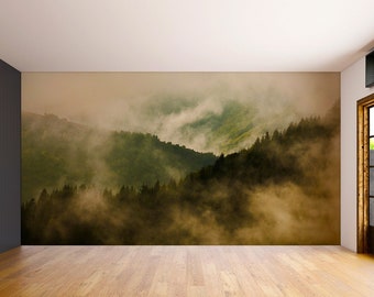 Foggy Forest Wallpaper Sticker Mural - Mountain Tree Fog Removable Wall Paper Art Decal - Large Bedroom Decor Misty Pine Hill Peel Stick