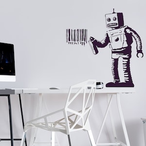 Etiqueta engomada del vinilo de la pared del robot del código de barras de Banksy - etiqueta de la máquina de la pintada del arte de la calle - decoración de la habitación de los niños Mural Die Cut Print - pegatinas de la habitación Calcomanías