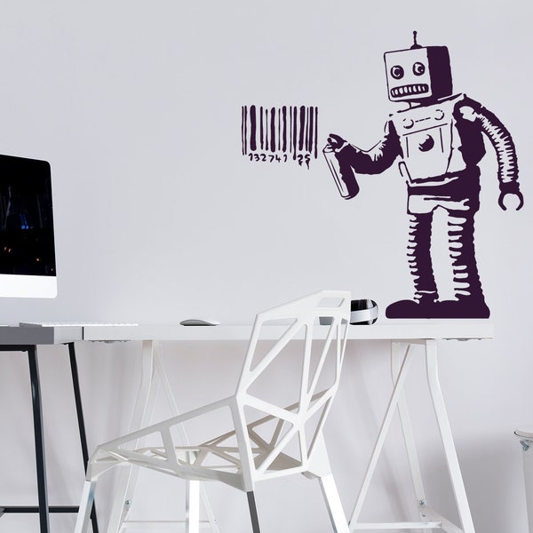 Banksy Barcode Robot Wall Vinyl Sticker - Street Art Graffiti Machine Decal - Boys Room Decor Mural Die Cut Print - Room Stickers Decals
