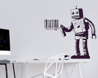 Banksy Barcode Robot Wall Vinyl Sticker - Street Art Graffiti Machine Decal - Boys Room Decor Mural Die Cut Print - Room Stickers Decals