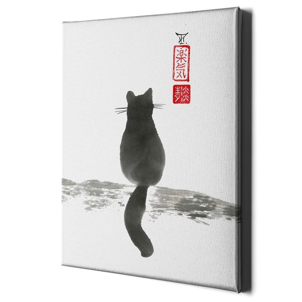 Japonais Sumie Cat Back Canvas Gift - Noir Mignon Chaton Lover Cadeaux - Blanc Grande Impression Peinture Art vintage Imprimé