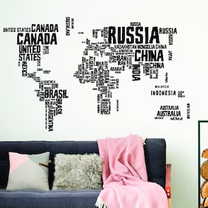Weltkarte Vinyl Wandaufkleber - Landname Wort Kind Großes Art Decor Deko-Aufkleber - Peel and Stick Globe Explore Playroom Fun Wandbild - Karte Sticker