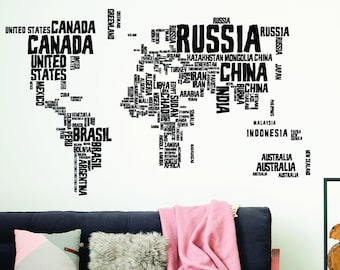 Weltkarte Vinyl-Wandaufkleber - Land Name Wort Kind Großer Kunst-Dekor-Aufkleber - Schälen und Aufkleben Globe Erkunden Spielzimmer Spaß Wandbild - Landkarte Aufkleber