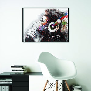 Poster d'art casque Thinking Monkey - impression graffiti Banksy à Wall Street - papier cadeau déco musique pop coquine cool chambre d'enfant Dj déco