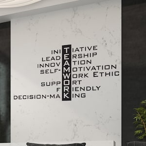 Puede incluir: Una sala de espera de oficina moderna con un sofá gris, una mesa de café negra y dos plantas en macetas. La pared presenta un diseño de arte de palabras con la palabra "TEAMWORK" deletreada verticalmente con palabras relacionadas que la rodean. Las palabras son: Iniciativa, Liderazgo, Innovación, Automotivación, Apoyo, Ética de trabajo, Amigable, Toma de decisiones.