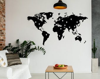 World Map Vinyl Sticker - Wall Art Vinyl Of The Decor Decal Label -  Country Mural Stick Decals - Large Earth Travel Stickers